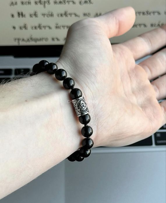 Чотки з каменю 8мм на руку Четки на руку мужской браслет черный сталь
