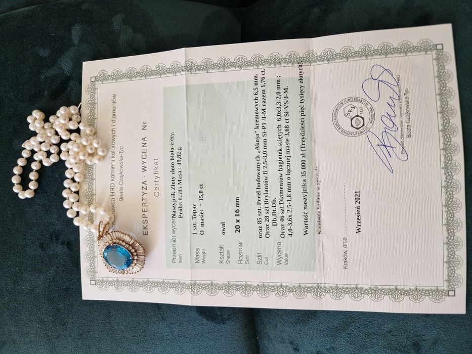Luksusowy naszyjnik z topazem i diamentami – złoto, perły, certyfikat!