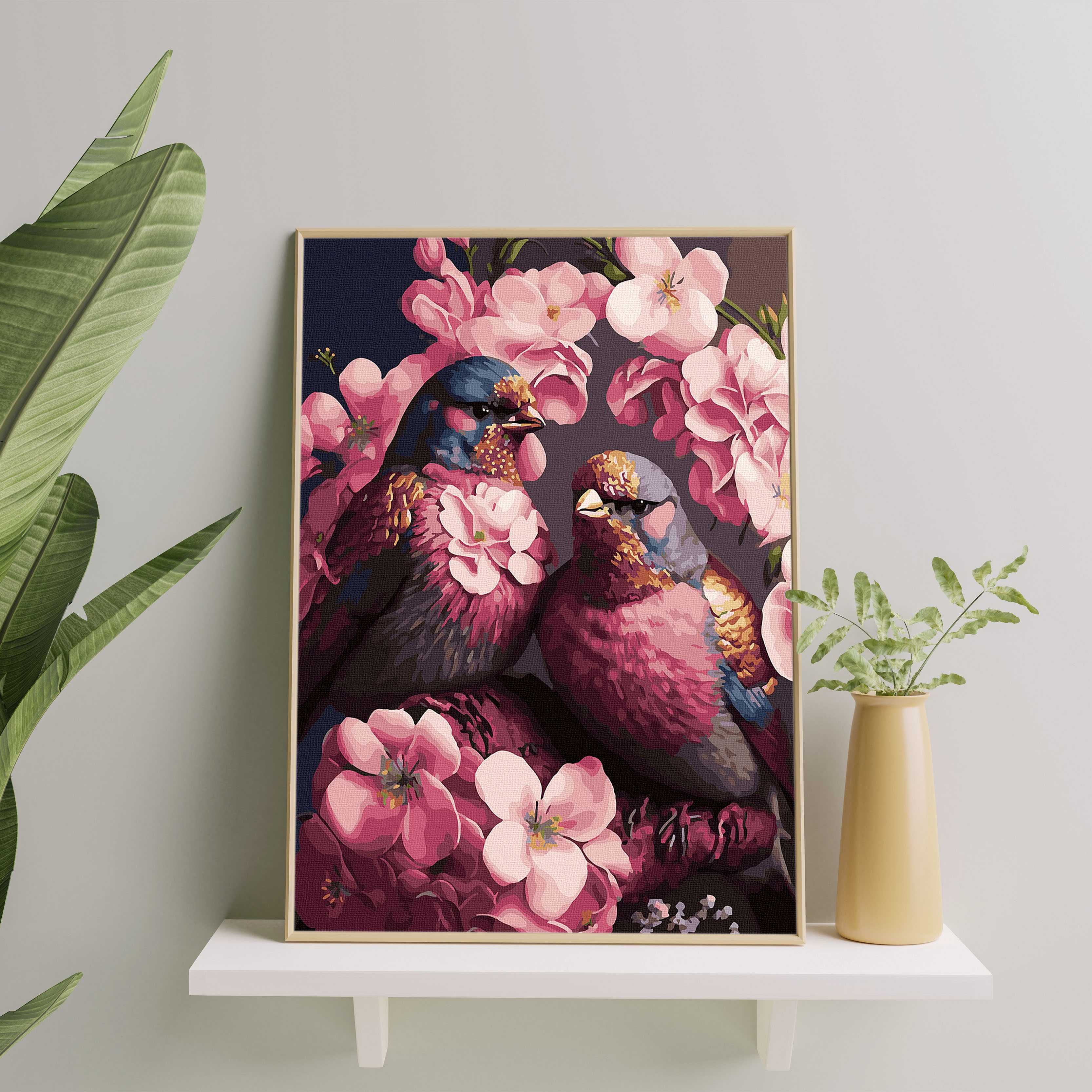 Malowanie po numerach, 40x50 cm - Ptaki w różowych kwiatach / Oh-Art