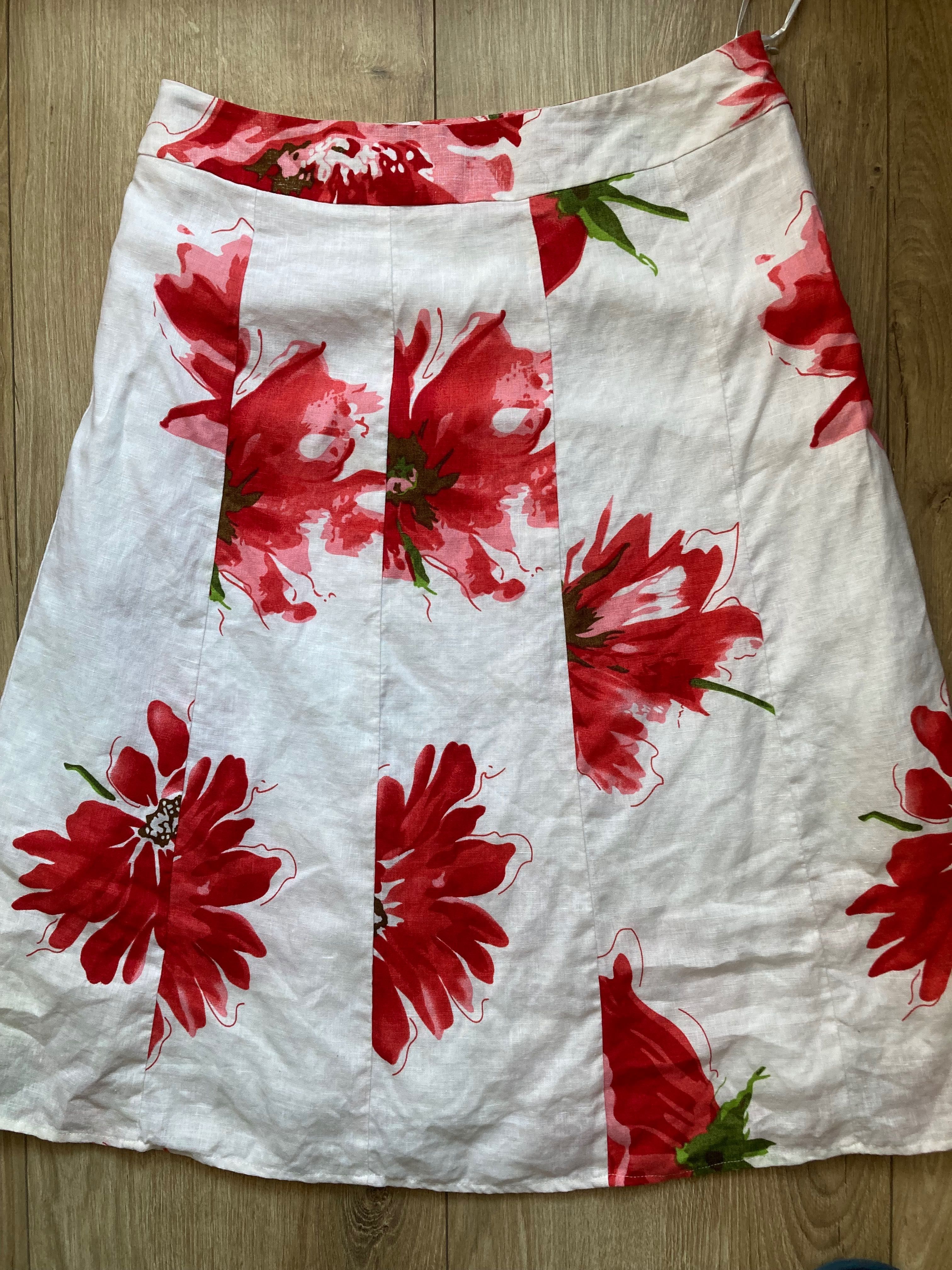 Lniana spódnica w czerwone kwiaty, len, vintage, retro
