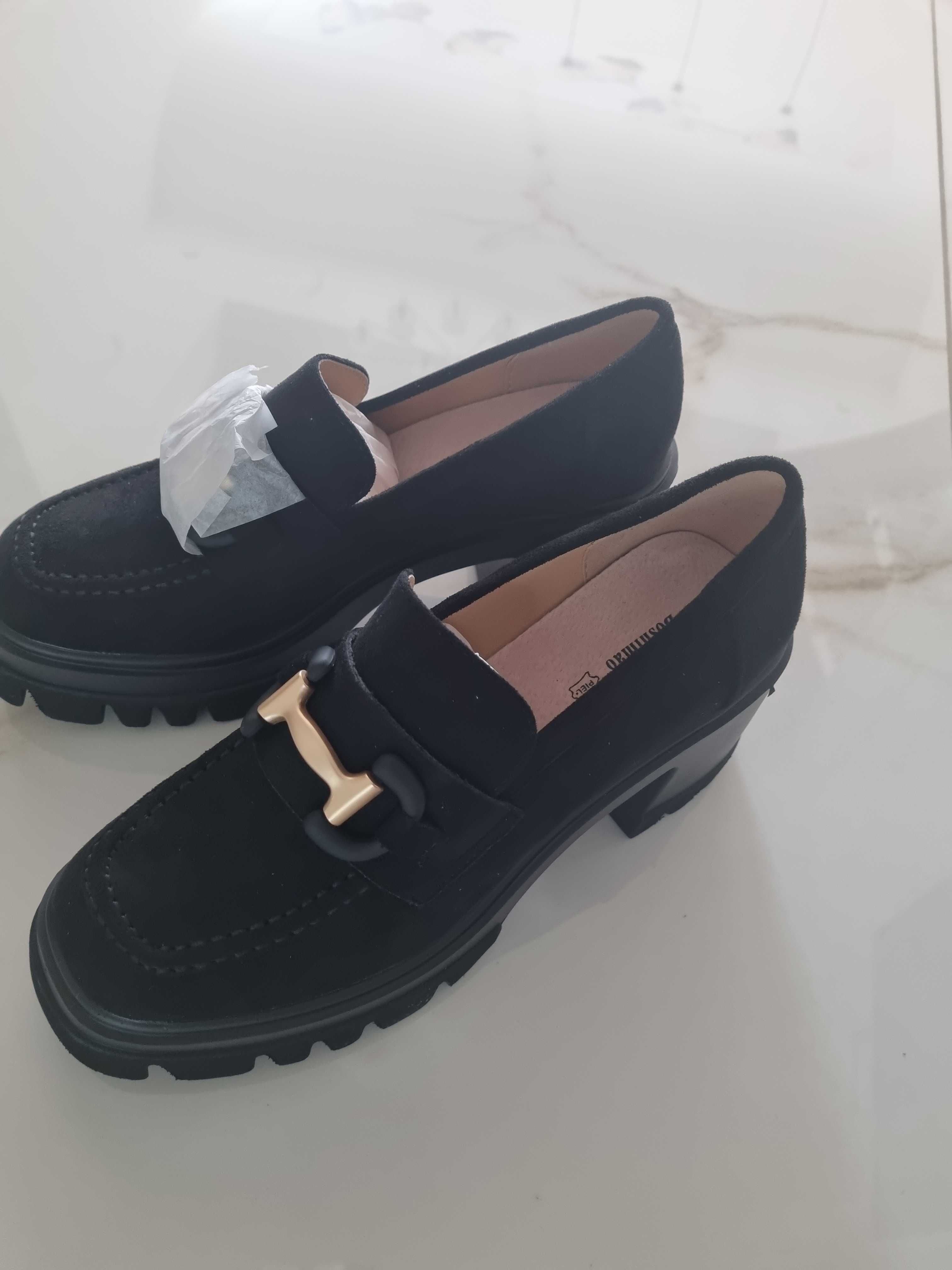 Nowe buty mokasyny na obcasie czarne 40