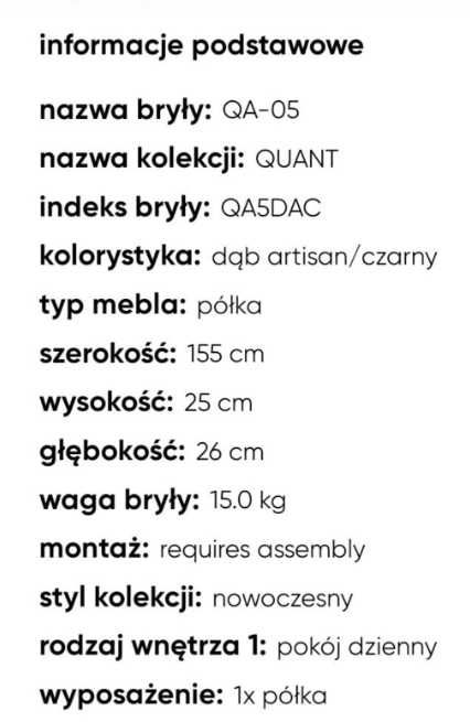 Nowa półka wisząca Lenart QA-05 dąb aristan/czarny