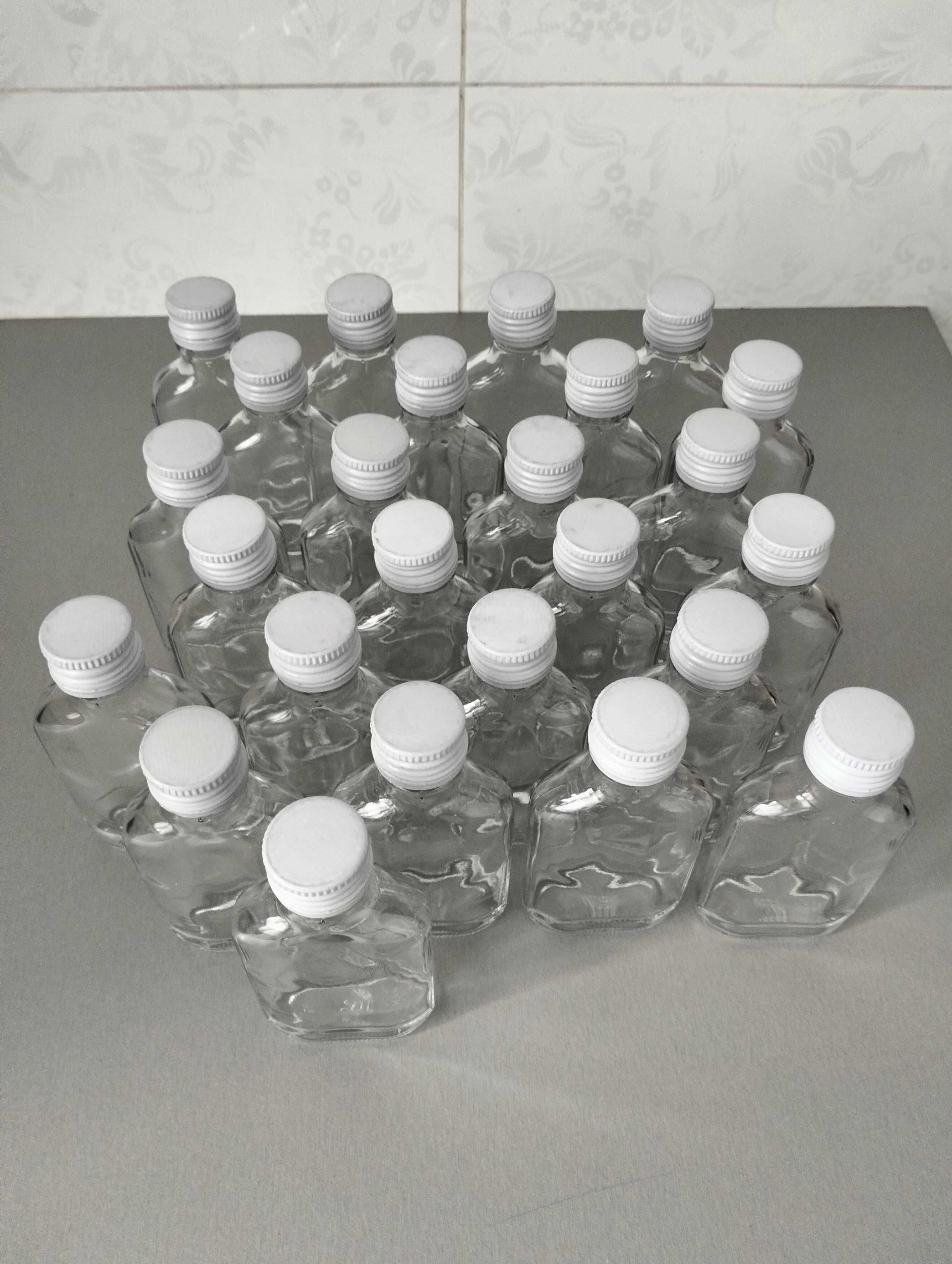Butelki szklane 100 ml setki, małpki plus zakrętki białe, 25 sztuk