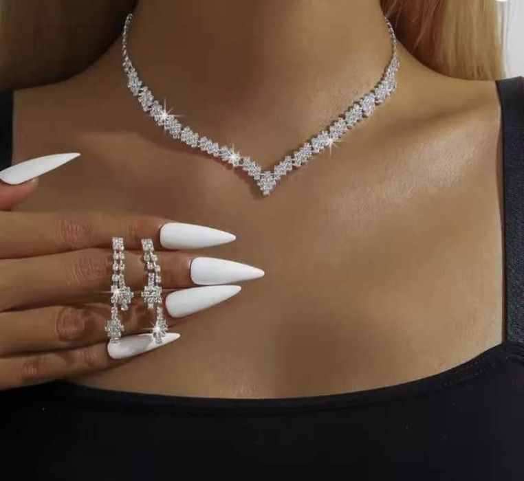 NOWY Komplet Biżuterii Ślubnej Cyrkonie Kolczyki Naszyjnik Wesele