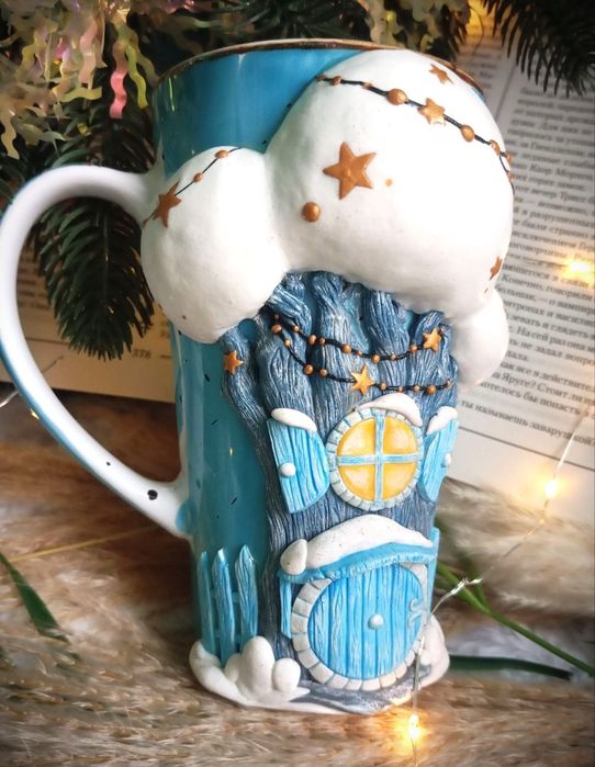 Чашка кухоль Сніжне дерево  декором з полімерної  Ручна робота подарун