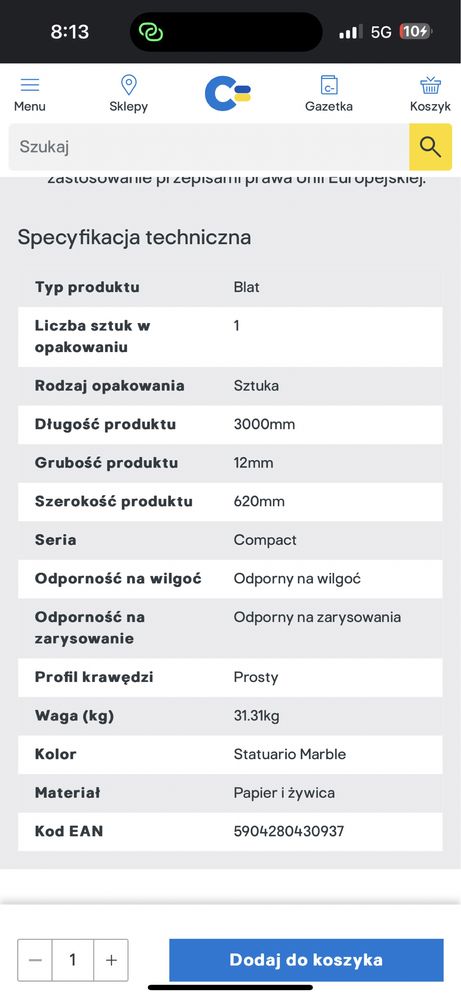 Blat kuchenny bialy z szarym wzorem marmuru 1.2x62x216