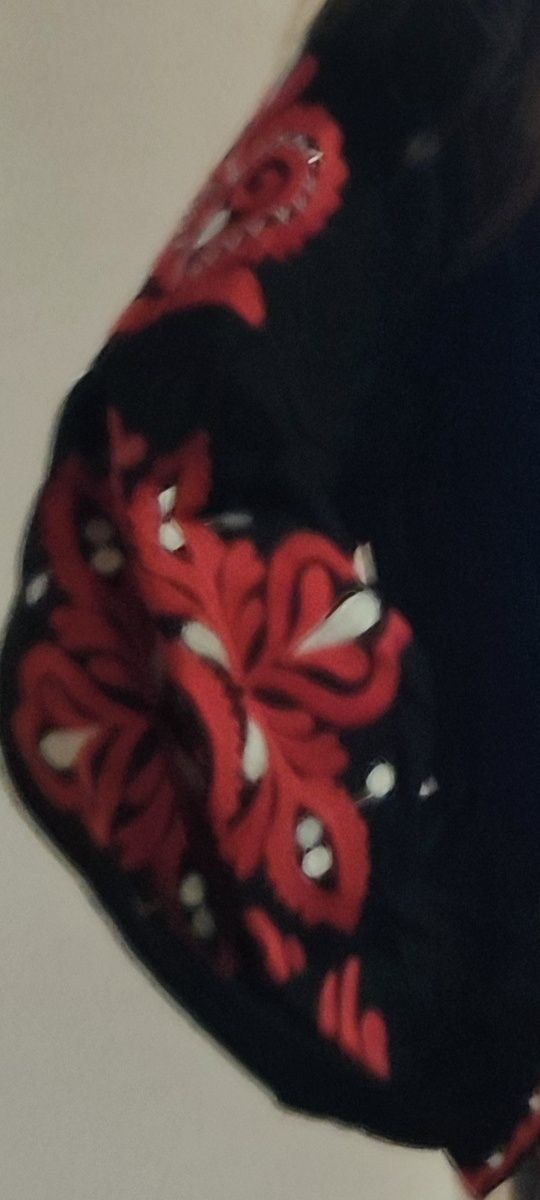 Чорна вишиванка з довгим рукавом червоні квіти хлопок льон