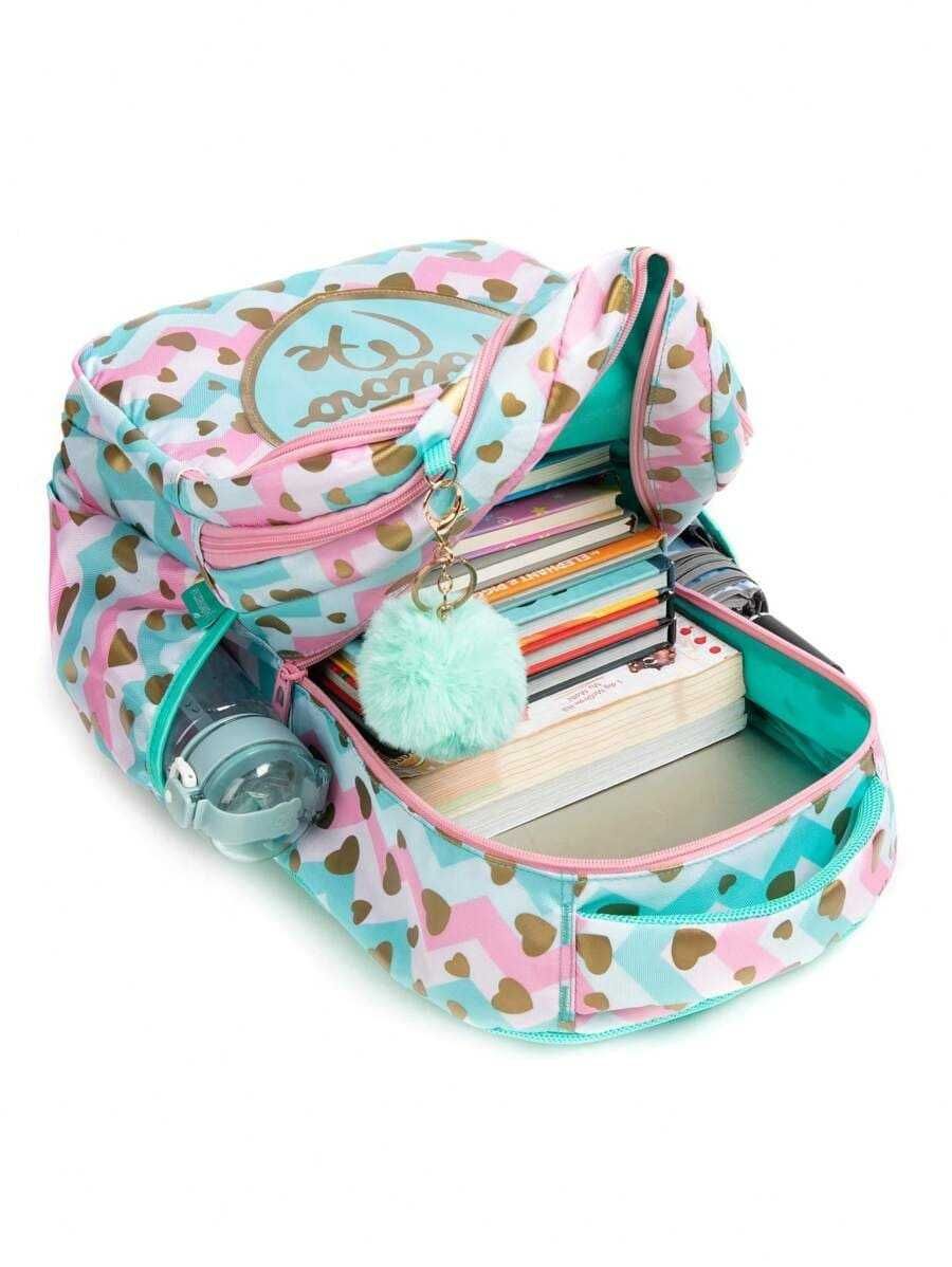 Pack Escolar rosa e verde com coração 3 peças
