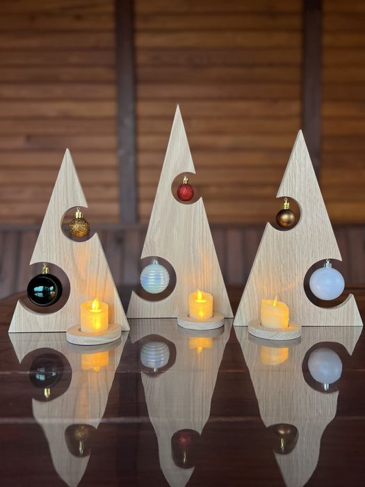 Ялинка з прикрасами, новорічний декор, ручна робота з дерева