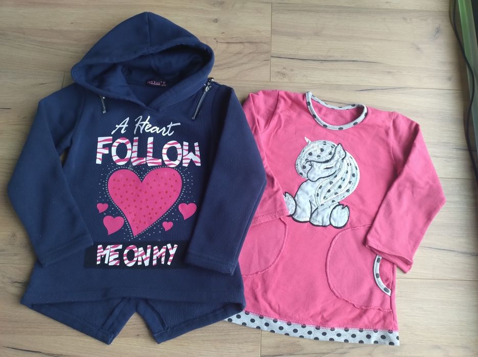 Zestaw Tuniki 104 granatowa serce kaptur różowa jednorożec kropki