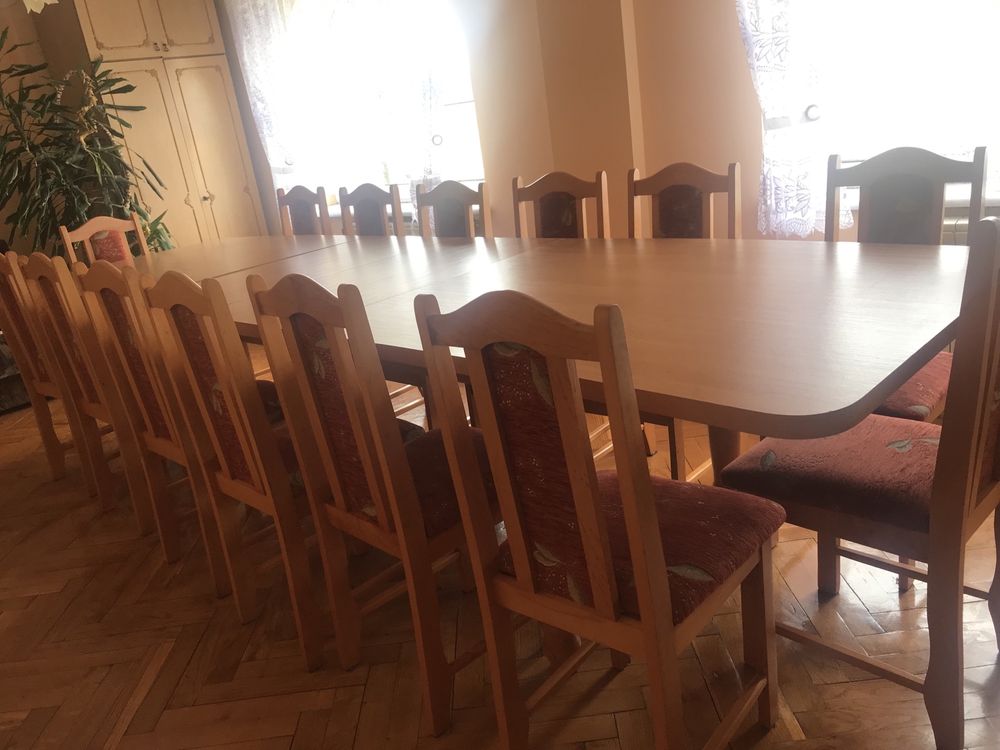 Duży Stół 250/300/350 cm + 14 drewnianych krzeseł