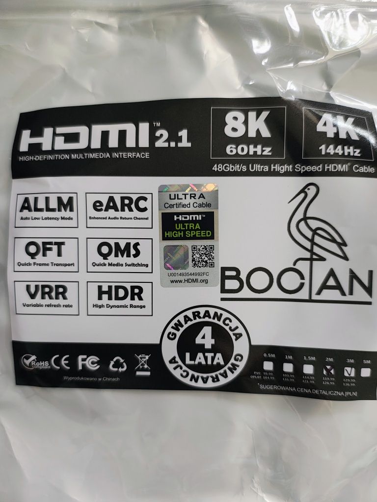 Kabel HDMI 2.1 Ultra High Speed 8K 60Hz, 4K 144Hz marki BOCIAN - 2m