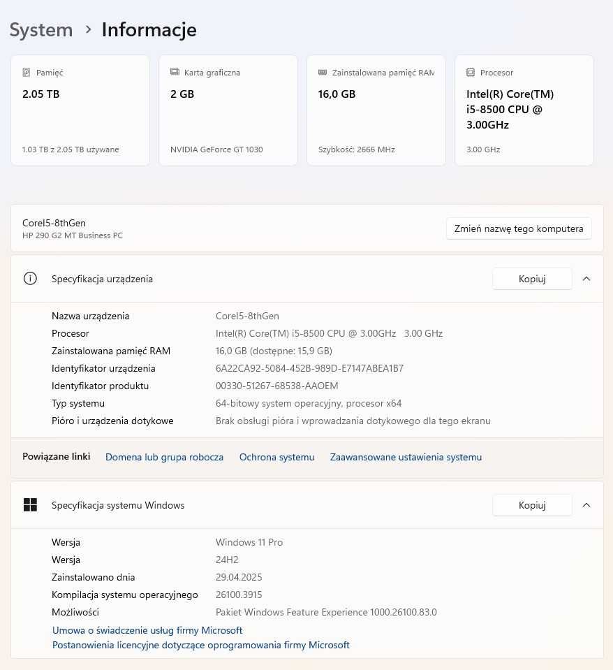 HP 290 G2 MT i5-8500 RAM-16GB SSD-256 m.2 NVIDIA GT 1030 2GB WDC 2TB