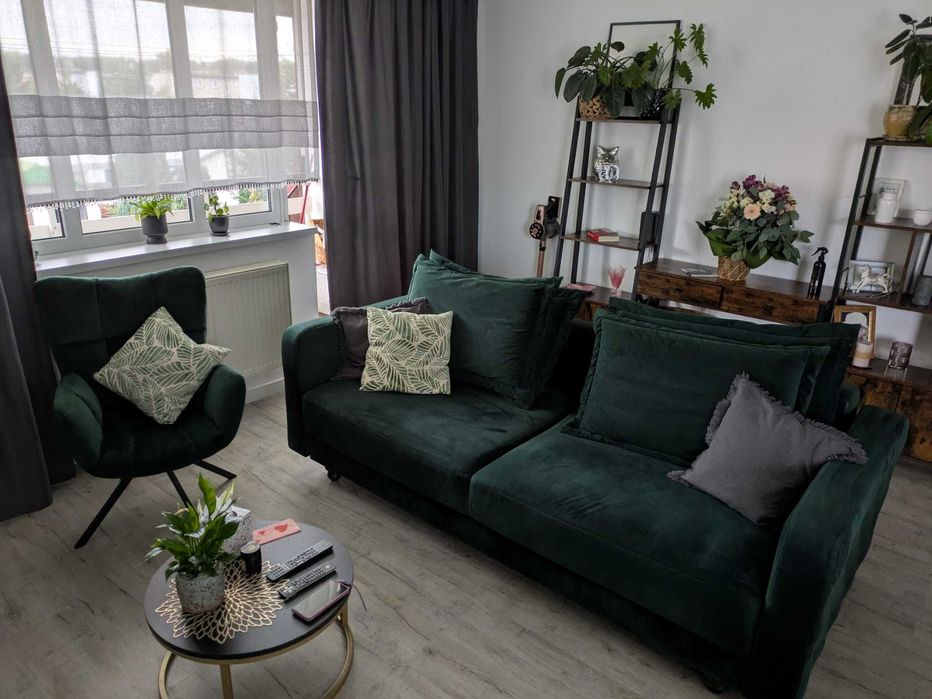 Sofa z funkcją spania plus fotel komplet butelkowa zieleń Agata OKAZJA