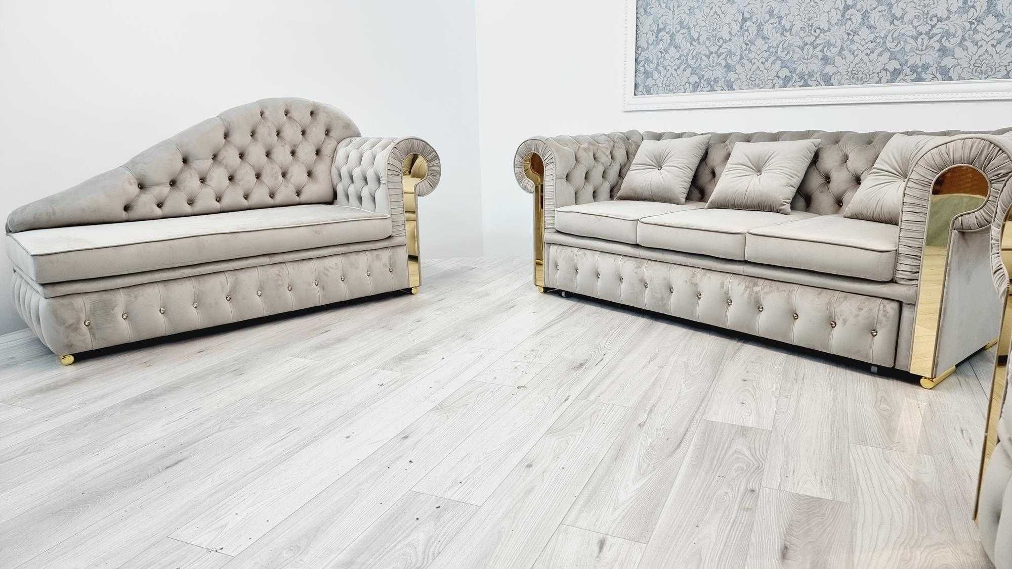 Zestaw pikowany chesterfield GLAMOUR 3os. + Szezlong + fotel PRODUCENT