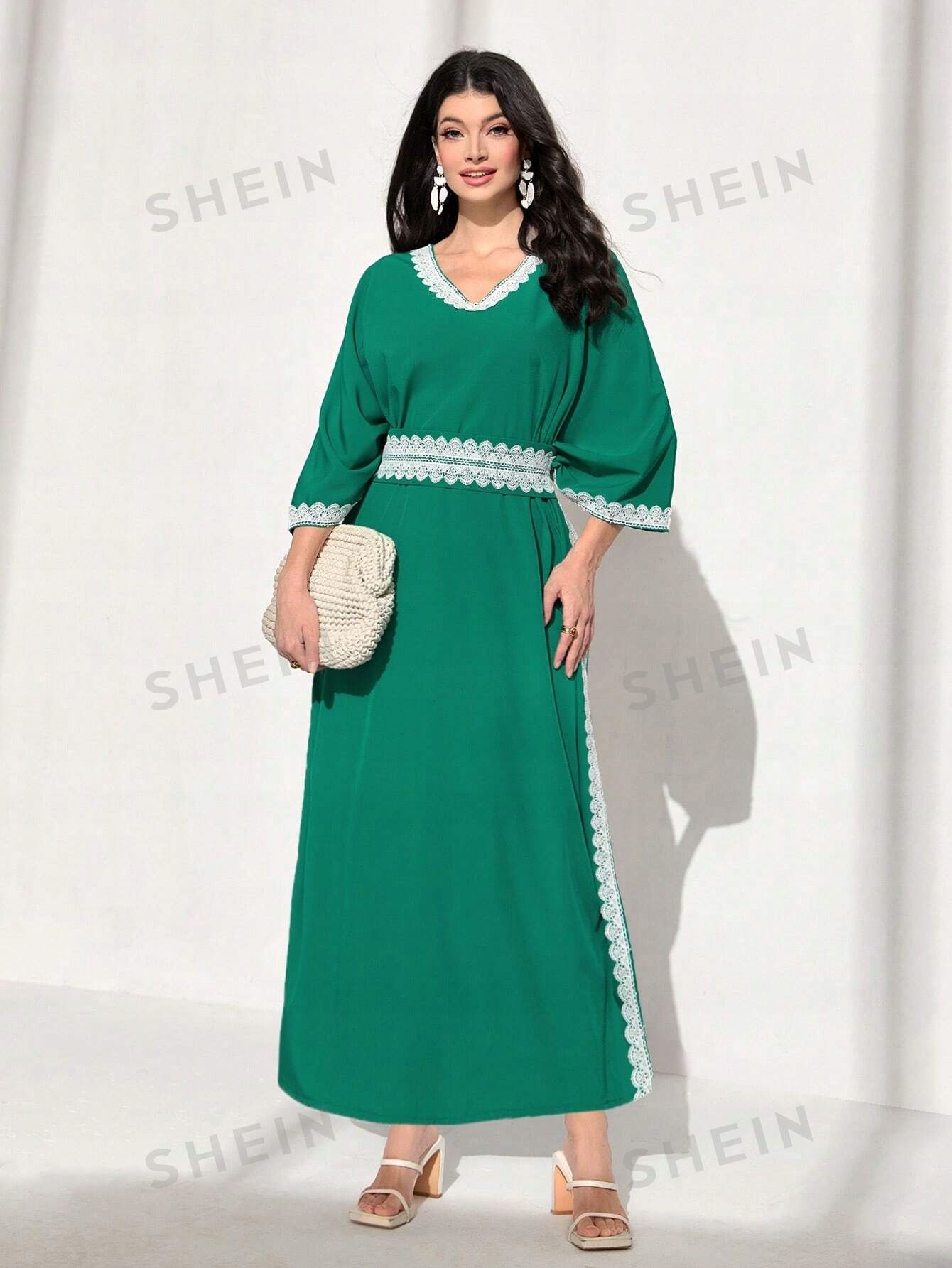 Sukienka tunika w stylu arabskim z gipiurową koronką maxi elegancka