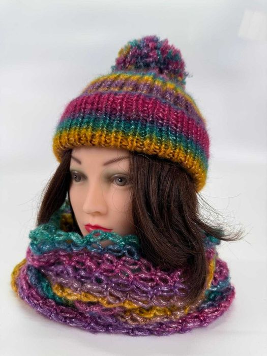 Komplet: Ręcznie robiona Ciepła Czapka + Komin! Rękodzieło. Zestaw