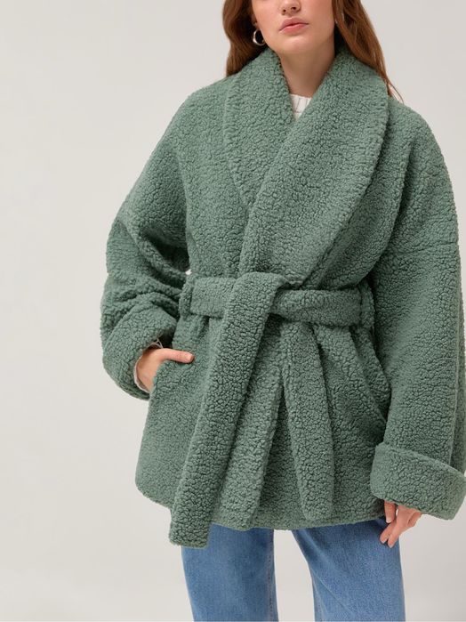 Шубка тедді зелено-мʼятного кольору, украінський бренд DiaDia