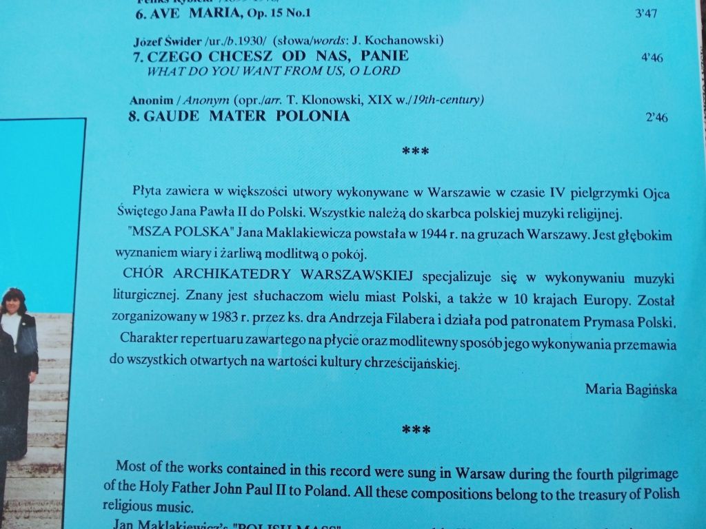 Płyta winylowa gramofonowa Jan Paweł ll Msza Polska Chór Archikatedry