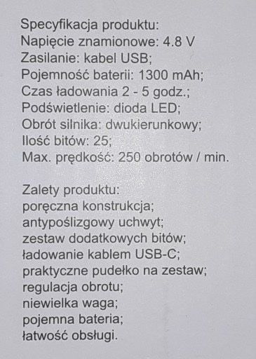 Elektryczny Wkrętak Śrubokręt LED Zestaw 27el Bity