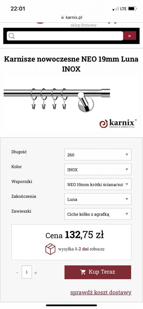 NOWY karnisz srebrny błyszczący inox 260 cm