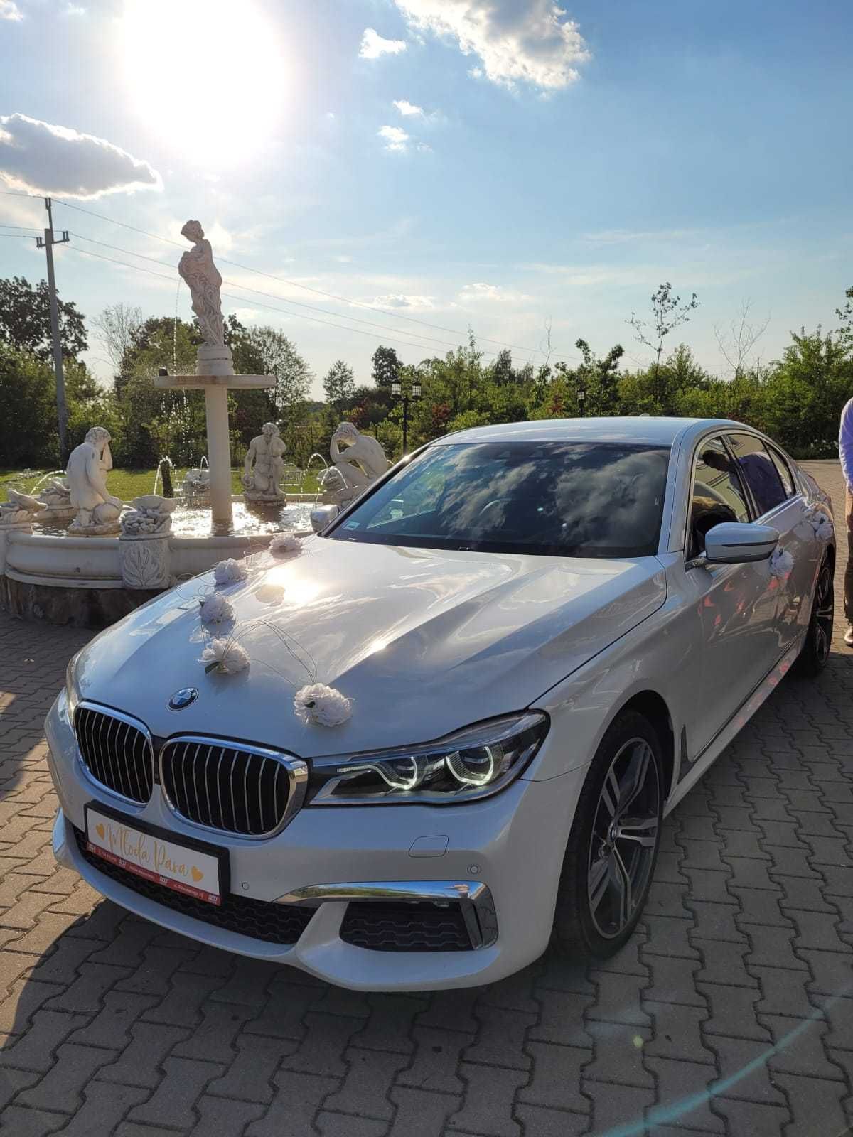 BMW 7 biała perła limuzyna auto do ślubu wynajem samochód