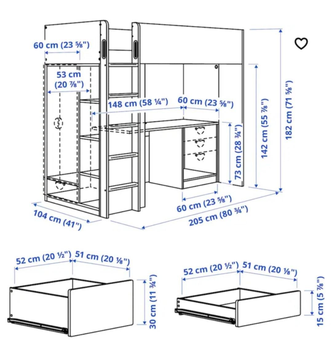 Łóżko piętrowe, biurko, szafki z Ikea model SMASTAD.