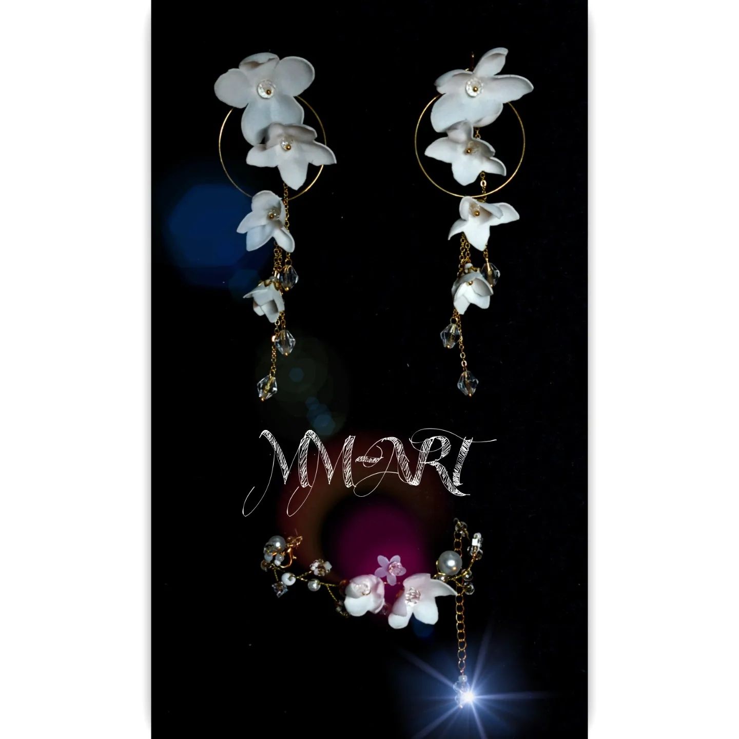 Komplet Biżuterii ślubnej z kwiatami- Kolczyki,  bransoletka
