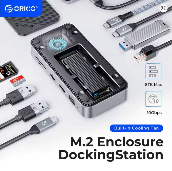 Док станция USB-С Hub Orico M2P7-BK 9-IN-1 SSD SD&TF RJ45 10Gbps