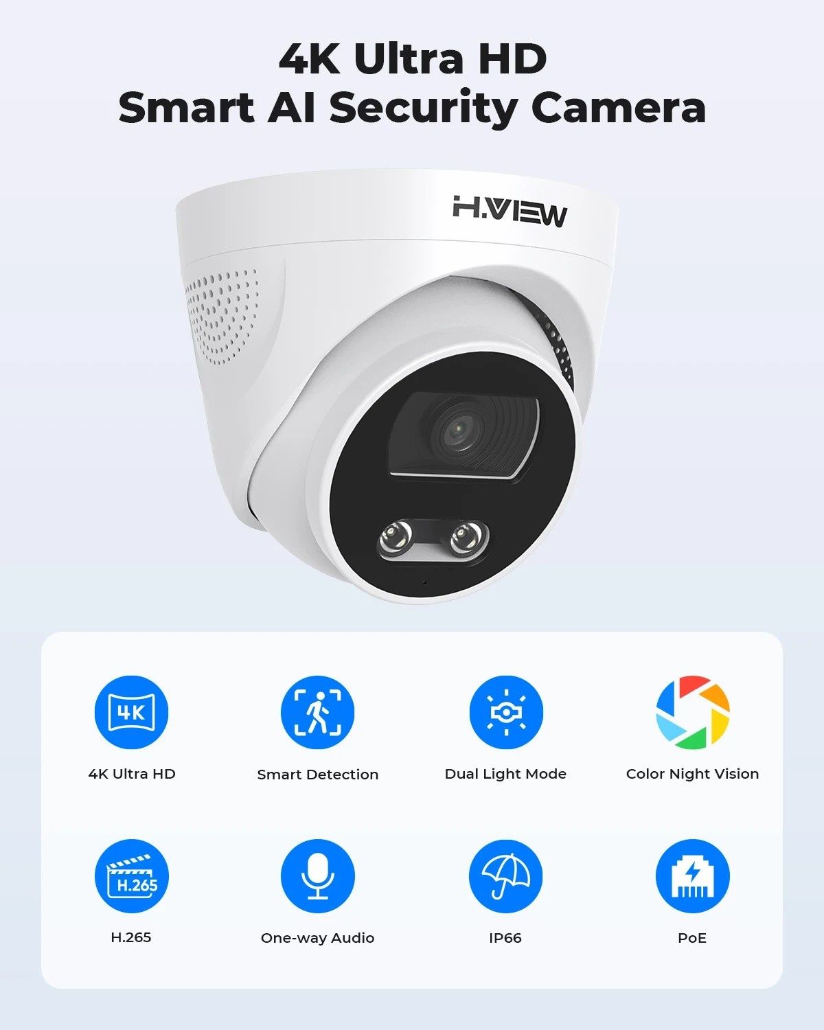 H.view Вулична камера H.265 Ultra HD 4K POE 8 Мп, IP-камера з розпізна