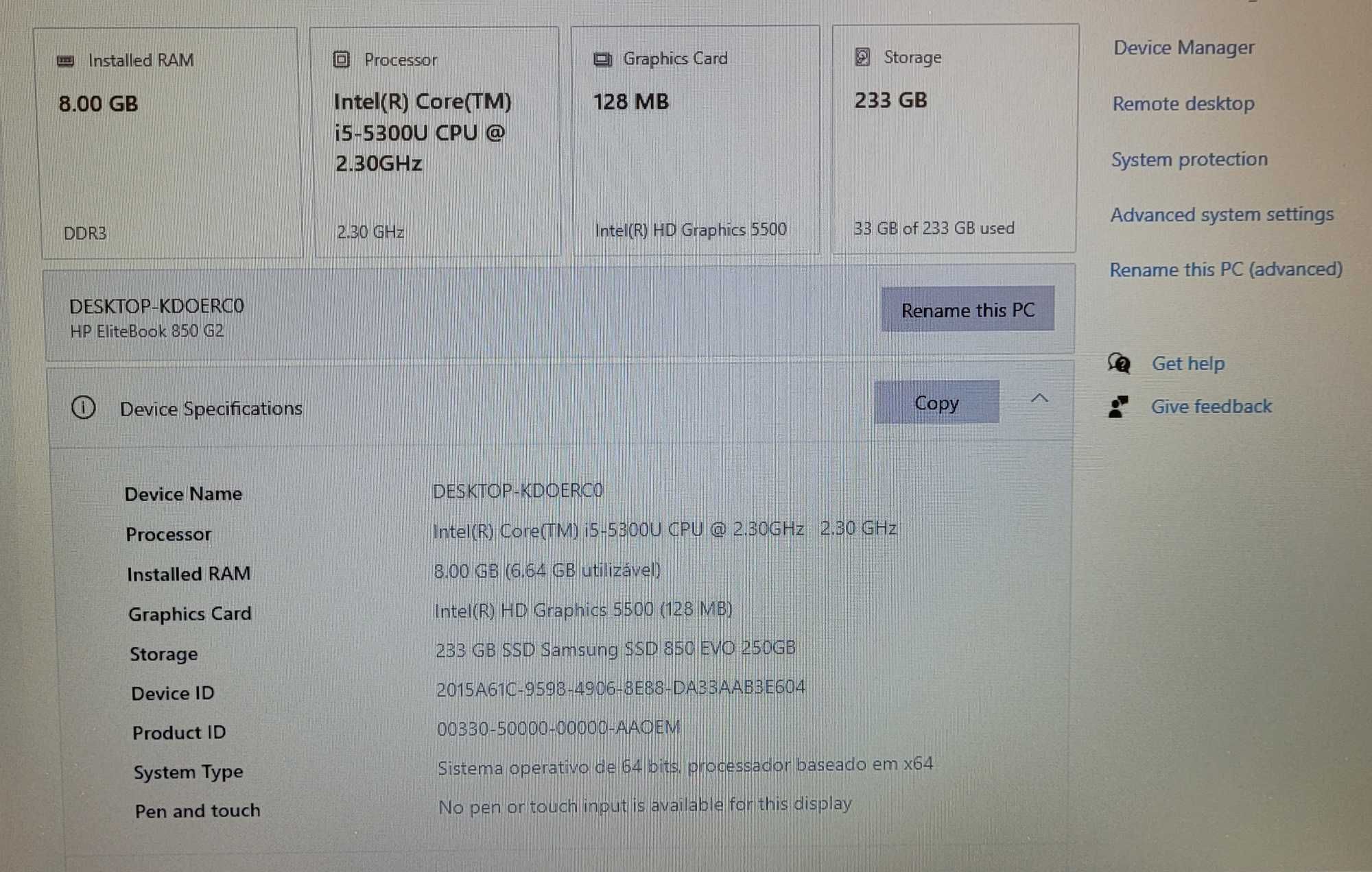 HP EliteBook 850 – RÁPIDO i5-5300U, 8GB RAM, 250 SSD - Portátil, Lapto