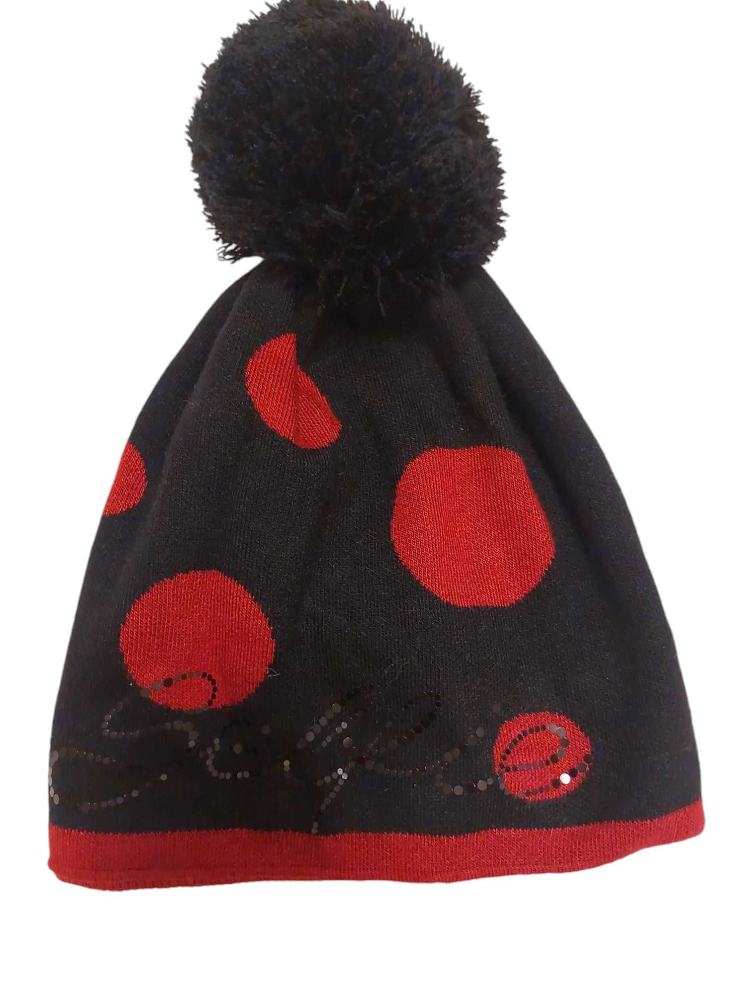 Czarna czapka w czerwone kropki, z pomponem, obwód głowy 52, Jamiks