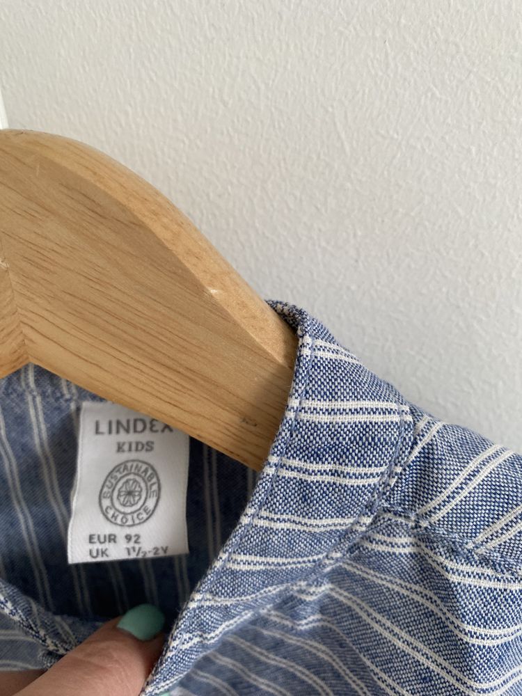 Koszula lindex 92 z lnem paski białe niebieska stójka