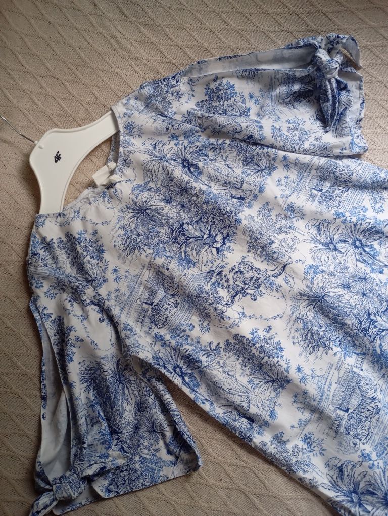 H&M M-L linen blend naturalna prosta biało-niebieska sukienka