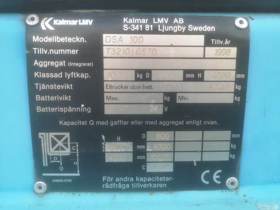 Wózek widłowy -Sztaplarka * KALMAR DSA 100 boczny 10 t.  import Sweden
