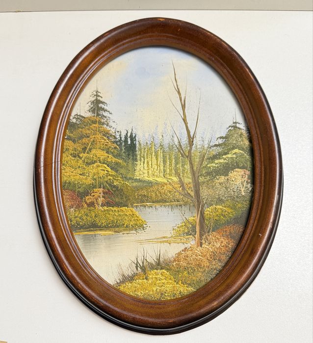 Stary obrazek owalny pejzaż ręcznie malowany retro vintage