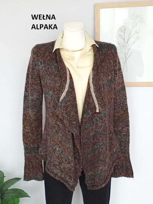 Brązowy kolorowy sweter kardian niezapinany wełna aplaka  Avoca 38 M