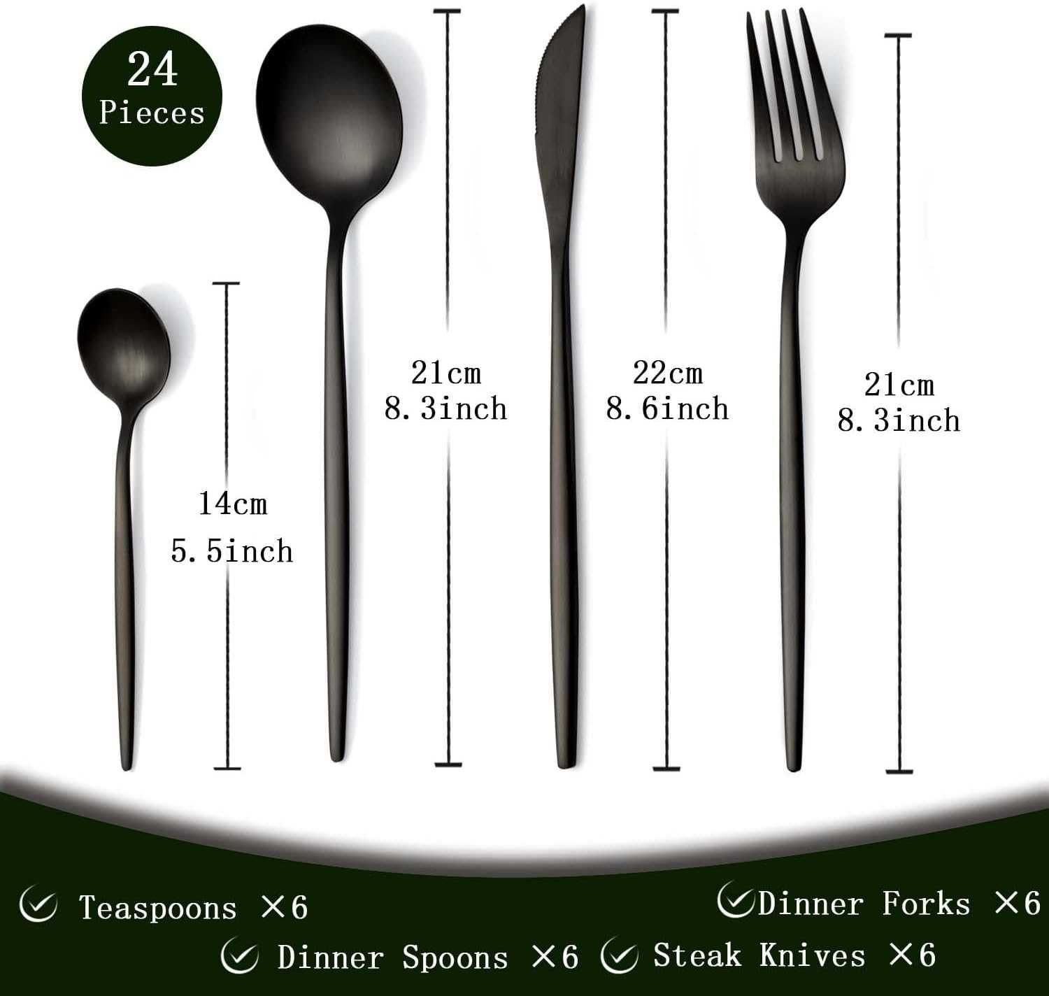 zestaw sztućców dla 6 osób, 24-elementowy zestaw sztućców czarny mat