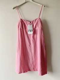 Zara nowa lniana sukienka mini rozowa
