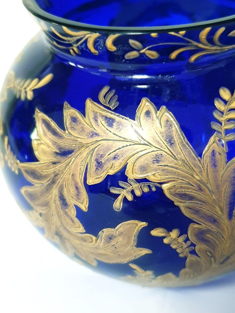 Lindissima antiga jarra em vidro azul cobalto dourada à mão-Sec XIX