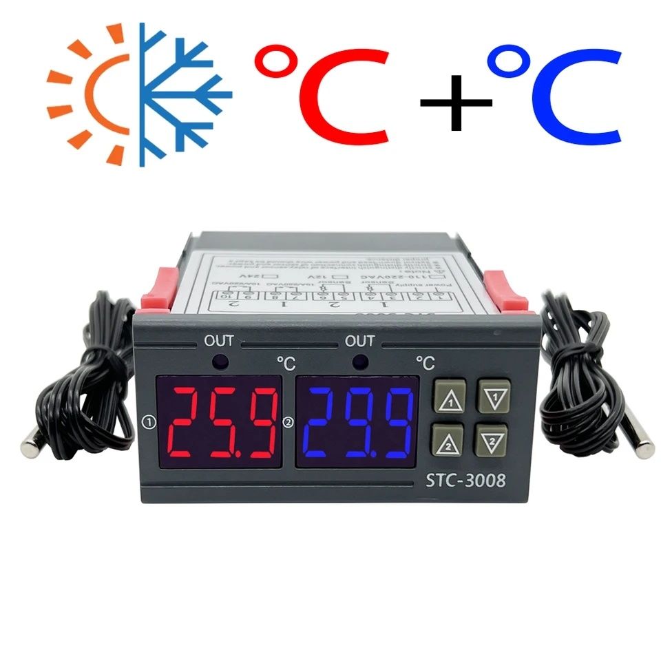 Подвійний терморегулятор STC -3008 (-55 º c ... +120ºC, 10A / 220 В)