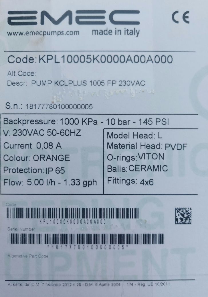Pompa (nowa) emec kcl PLUS 1005 FP 230 vac + beczka 60 litrów