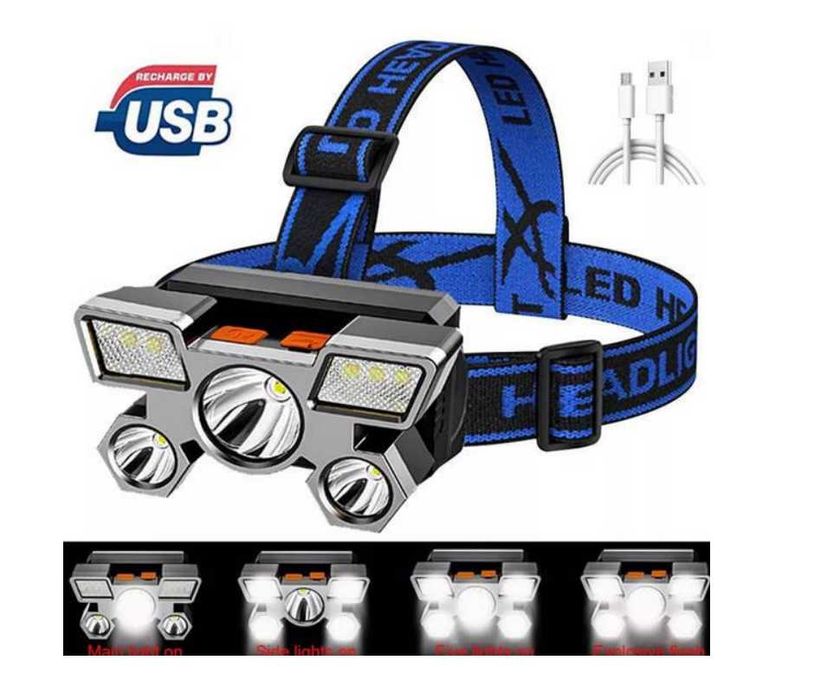 Налобный фонарь 5 светодиодный со встроенным аккумулятором