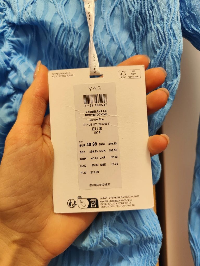 Błękitne body z marszczeniem nowe z metką Y.A.S niebieskie body S 36