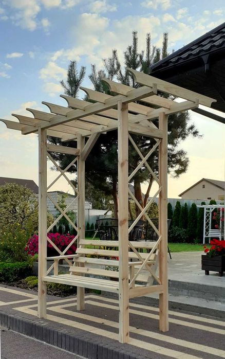 Pergola ogrodowa z ławeczką, podpora kwiaty, róże. Różne wzory.