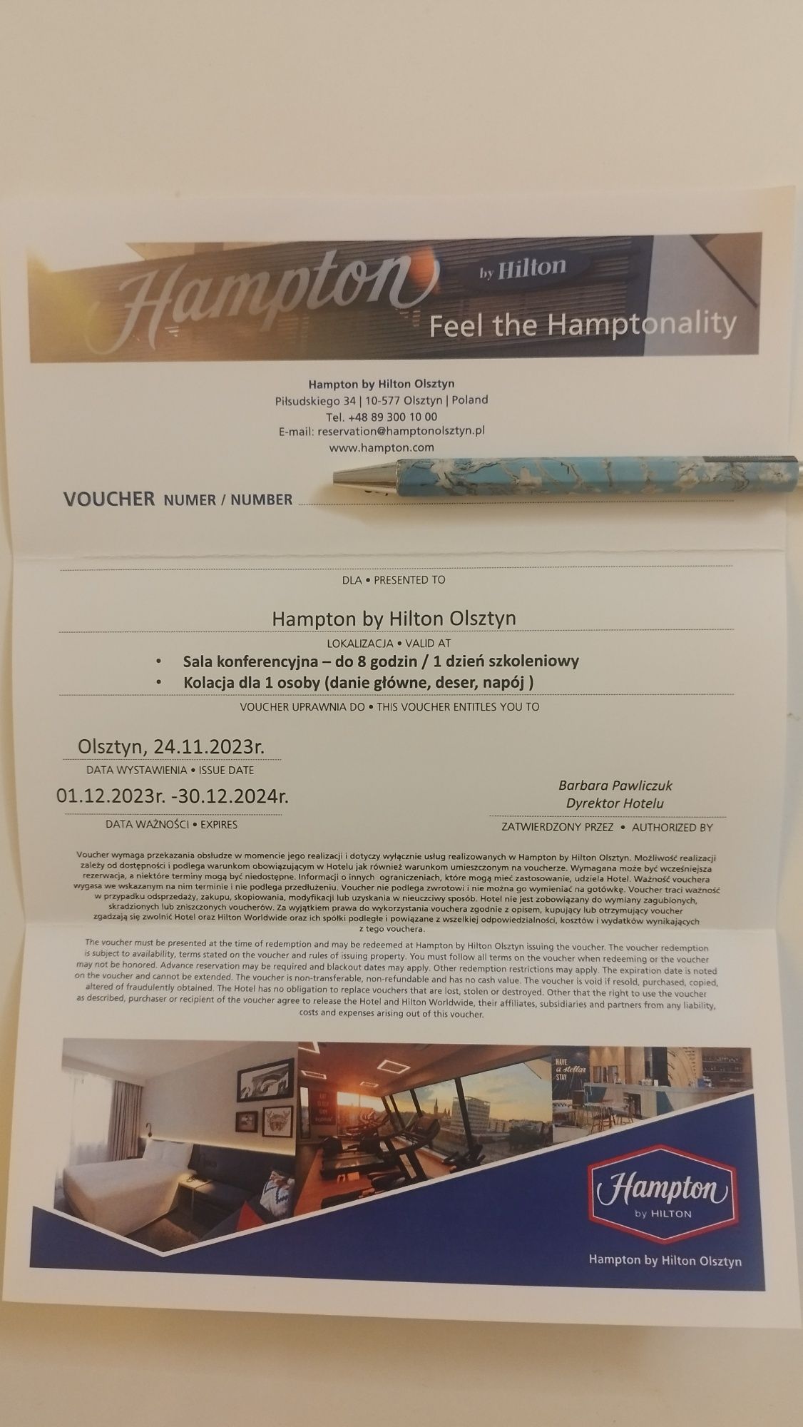 Voucher hotel Hampton Hilton Olsztyn sala konf 8h i kolacja za darmo