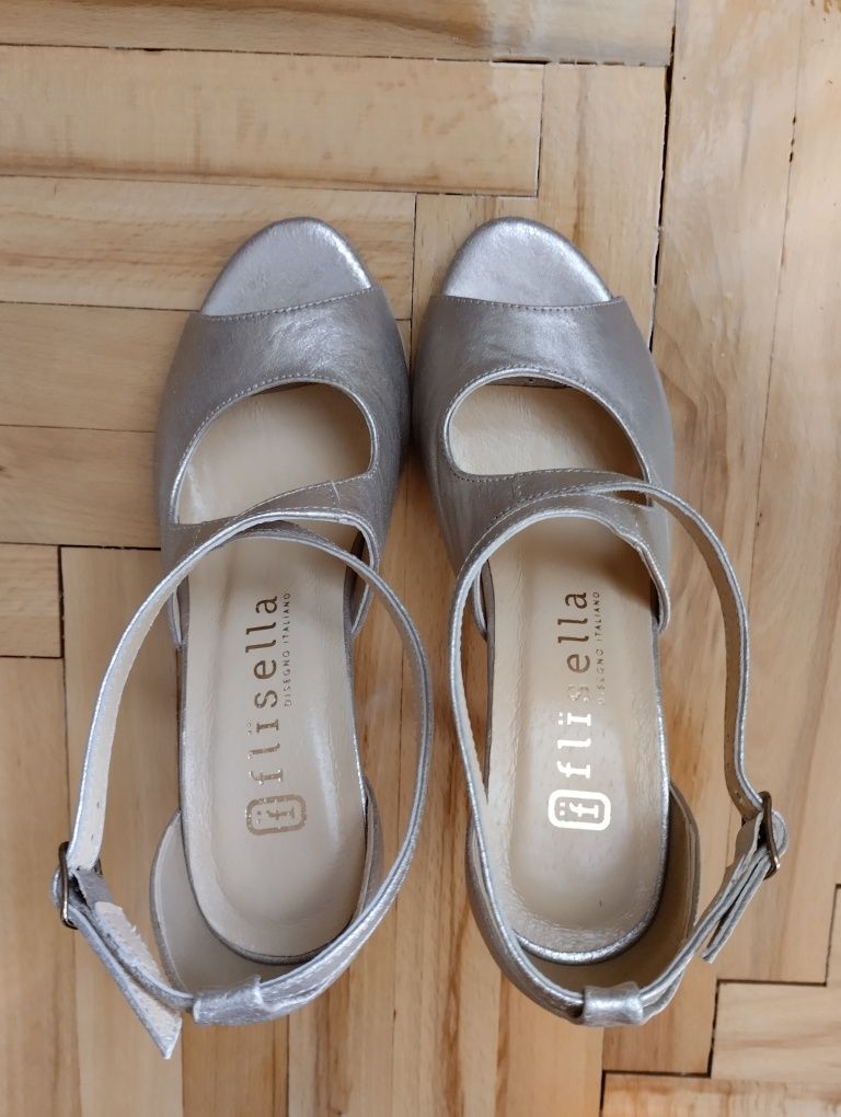 Skórzane szpilki buty na obcasie złote weselne imprezowe peep toe 36
