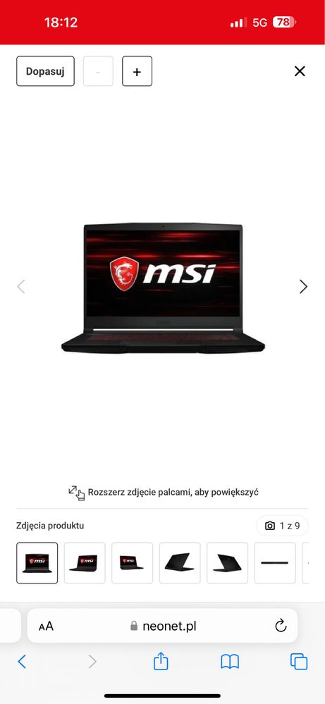 Laptop do gier MSI GF63 Thin 11UC-602PL.Pokrowiec+myszka+podkladka.