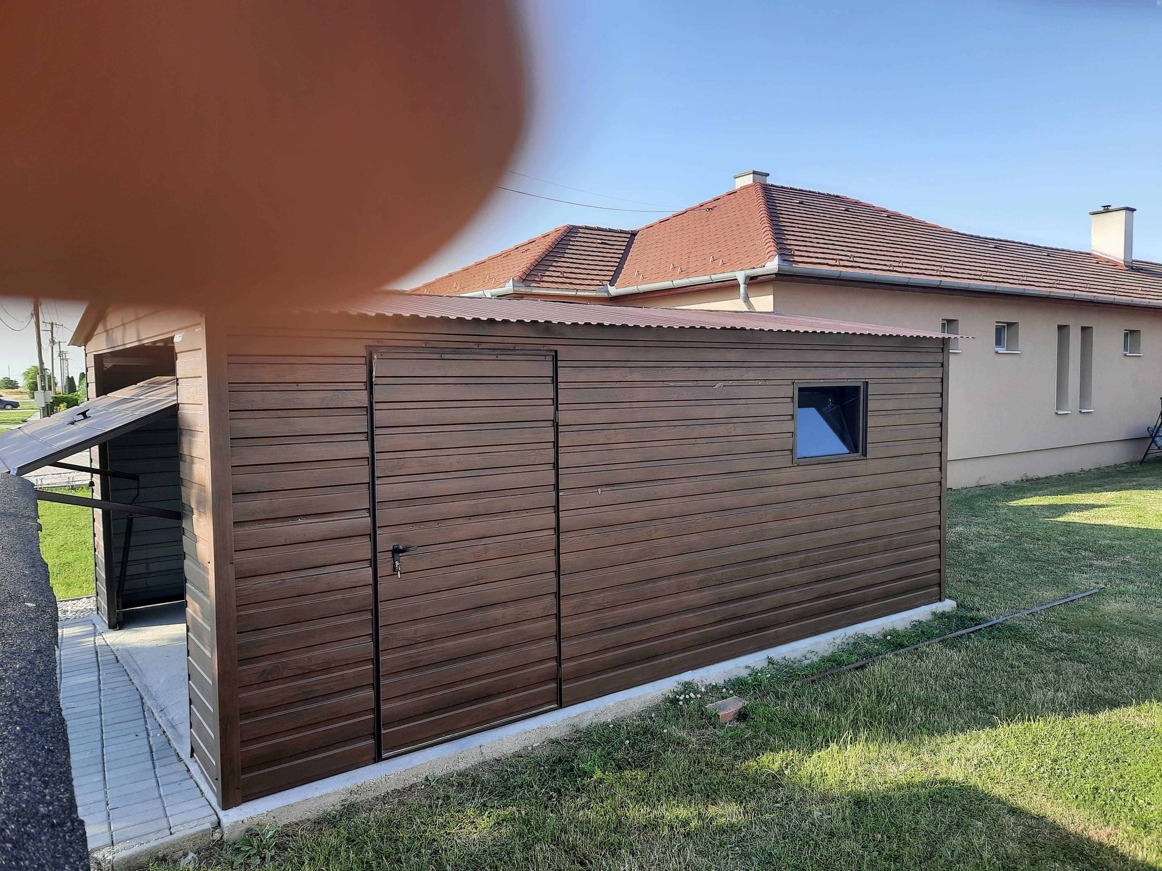 Nowy garaż blaszany 4x5 blacha drewnopodobna, dach dwuspadowy.