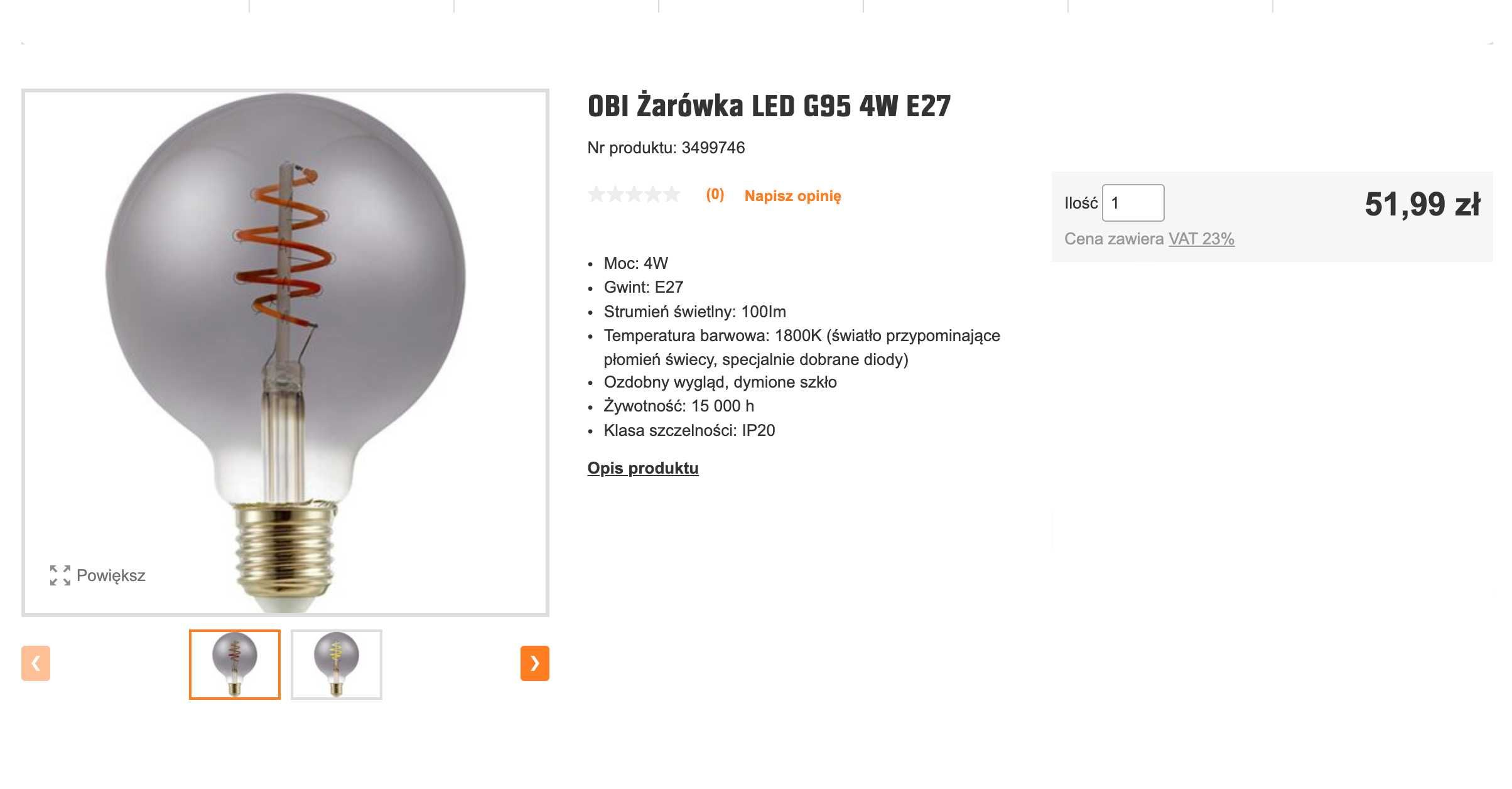 OZDOBNA  ŻARÓWKA LED G95 4W E24 Ciepłe światło 1800K NOWA
